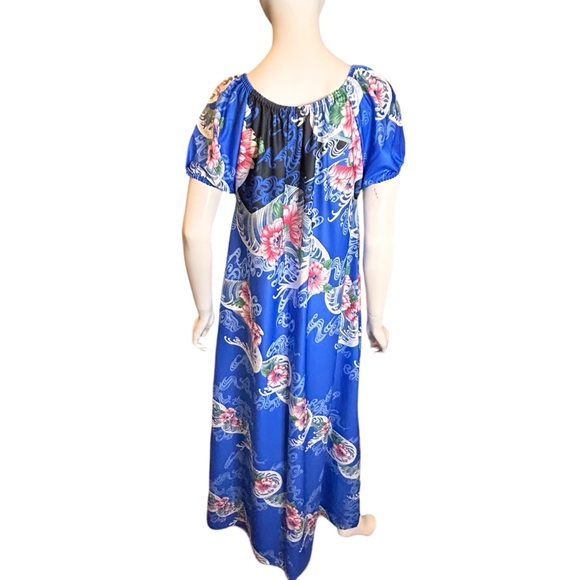 NEW Vintage 70s Sears Blue Hawaiian Print Full Length Caftan Medium Deadstock - Picture 6 of 10